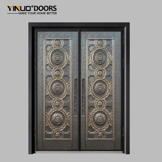 French Patina Luxury Entry Door Distressed Oak Texture and Wrought Iron Scroll Accents